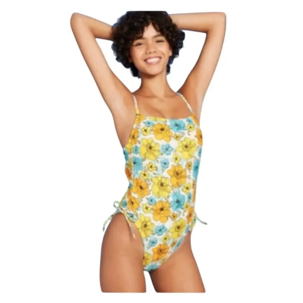 Xhilaration | Women's M One-Piece Swimsuit Yellow/Blue Floral